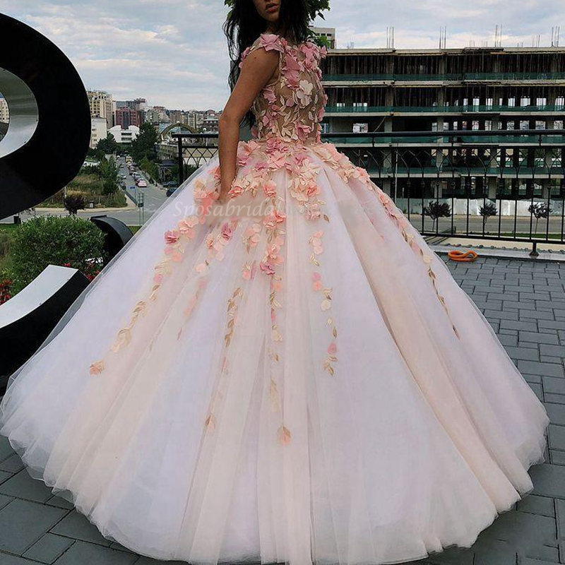 Illusion Flower Appliques A-line Ball Gown, Prom Party Dress, PD3094