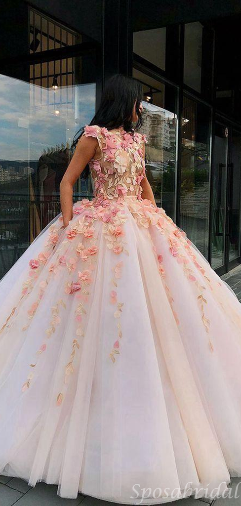 Illusion Flower Appliques A-line Ball Gown, Prom Party Dress, PD3094