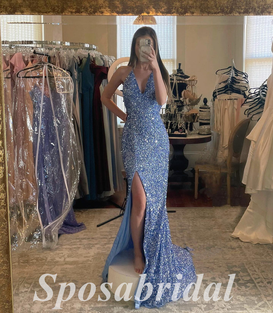 Sexy Sequin Spaghetti Straps V-Neck Sleeveless Criss Cross Side Slit Mermaid Long Prom Dresses,PD3671