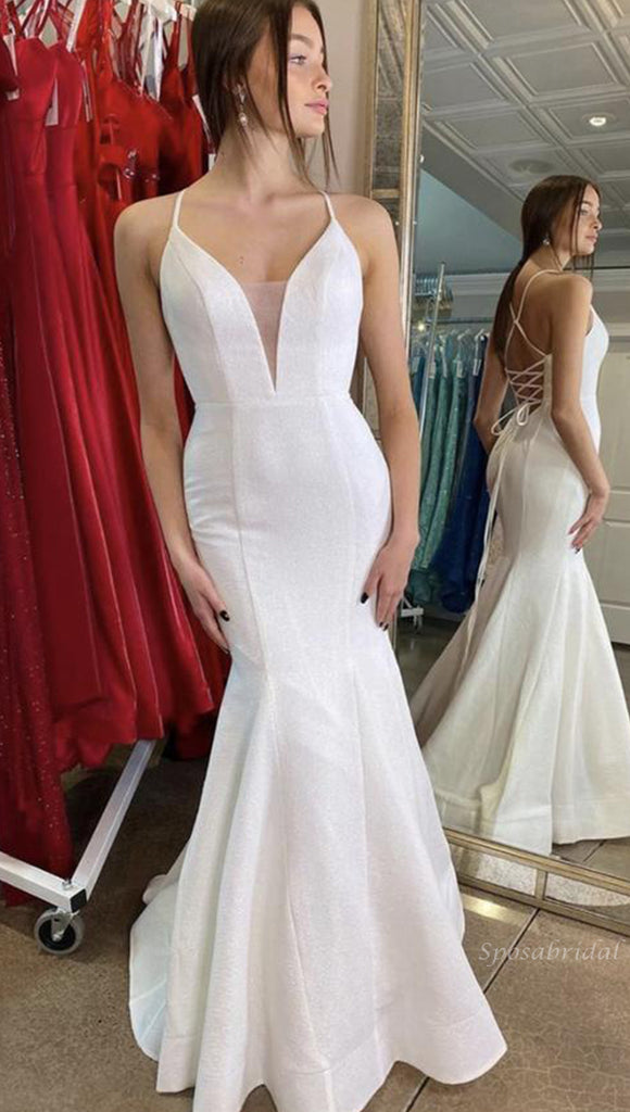 Ivory Halter Lace Up Back V-neck Mermaid Long Prom Dress, PD3419