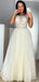 Ivory Lace Top Short Sleeves Open Back A-line Organza Pleats Long Prom Dress, PD3292