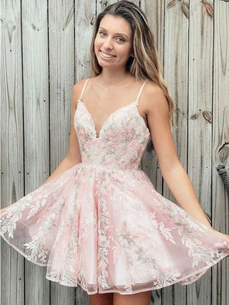 Lace Spaghetti Strap Pink Blue V-neck A-line Short Homecoming Dress, HD3033