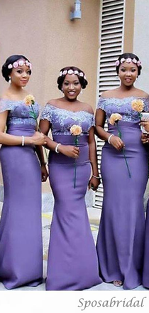 Lace Sweetheart Lilic Purple Off-shoulder Modest Mermaid Long Bridesmaid Dress, BD3072