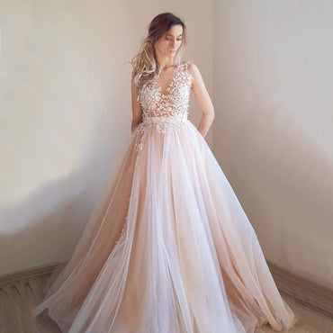 Strapless Lace Top Elegant Formal Blush Pink A-line Tulle Long Prom Dress, PD3399