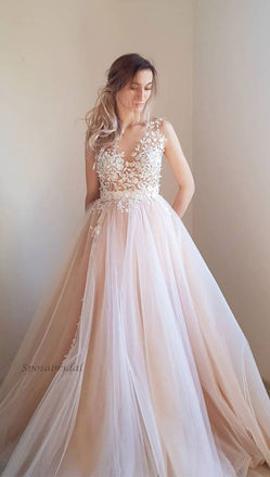Strapless Lace Top Elegant Formal Blush Pink A-line Tulle Long Prom Dress, PD3399