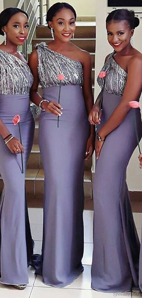 Lavender Dusty Violet One-shoulder Sparkling Top Mermaid Long Bridesmaid Dress, BD3195