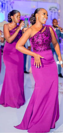 Light Purple One-shoulder Sequin Lace Top Mermaid Long Bridesmaid Dress, BD3219