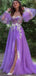 Lilac Floral Corset Top Off-shoulder Long Sleeves Side-slit A-line Long Prom Dress, PD3211