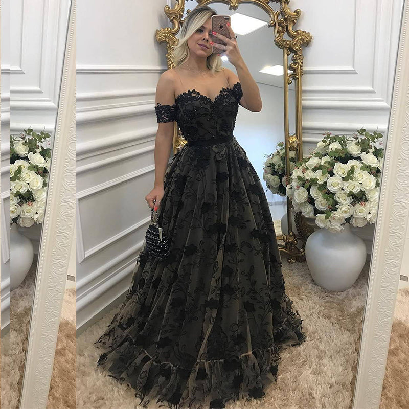 Luxury Black Sexy Lace Off-shoulder Sweetheart A-line Long Prom Dress, PD3372