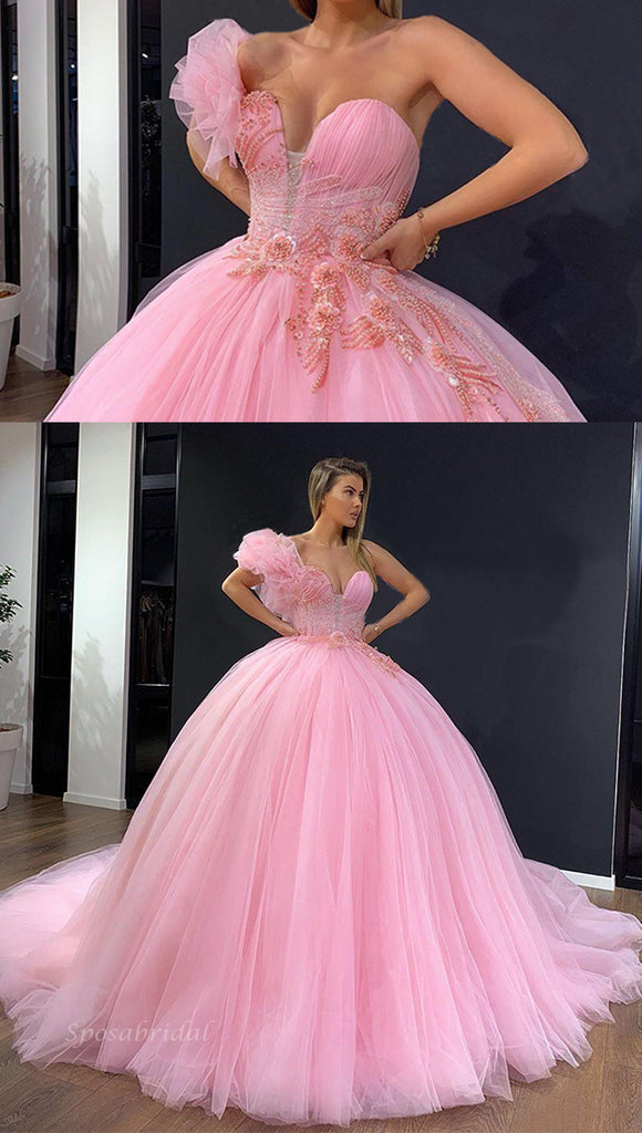 Luxury Pink One-shoulder Sweetheart Beads Appliques A-line Long Prom Dress, PD3411