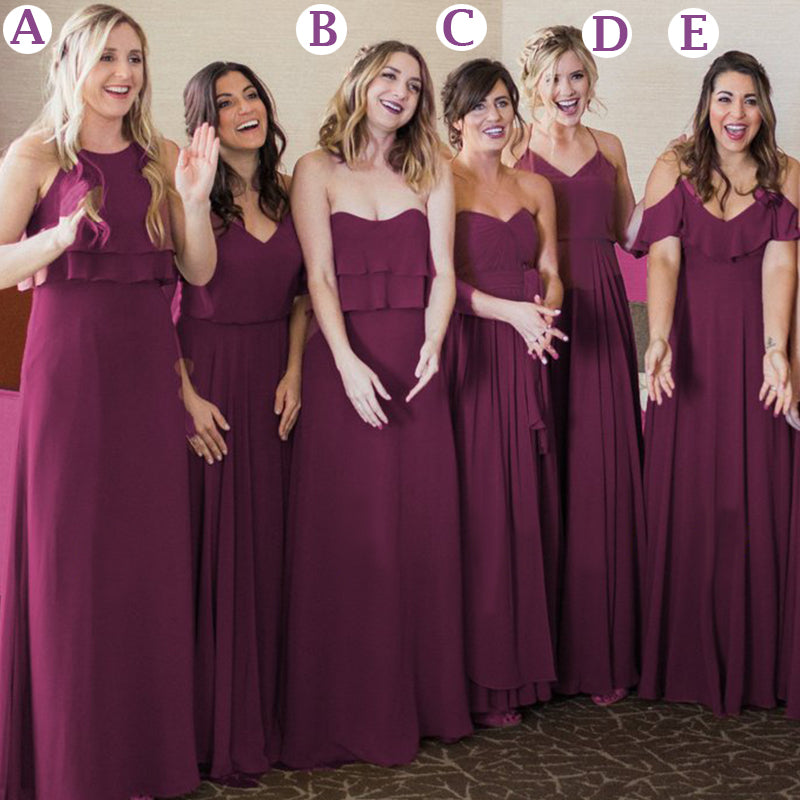 Mismatched Mulberry Cheap A-line Long Bridesmaid Dresses, BD3215