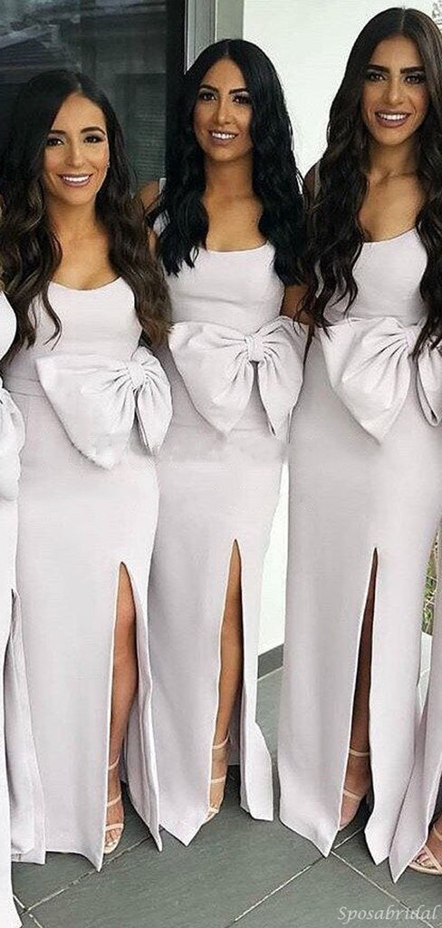 Unique Scoop Ivory Bowknot Side-slit Mermaid Long Bridesmaid Dresses, WG736