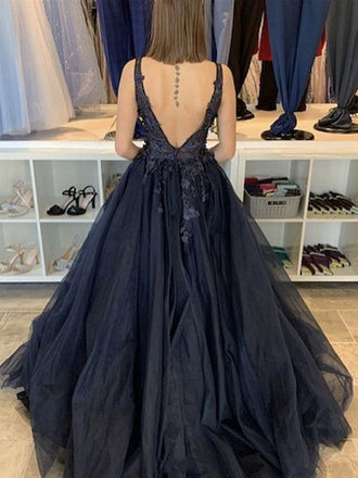 Modest Dark Navy Blue V-neck Lace Top A-line Long Prom Dress, Ball Gown, PD3200