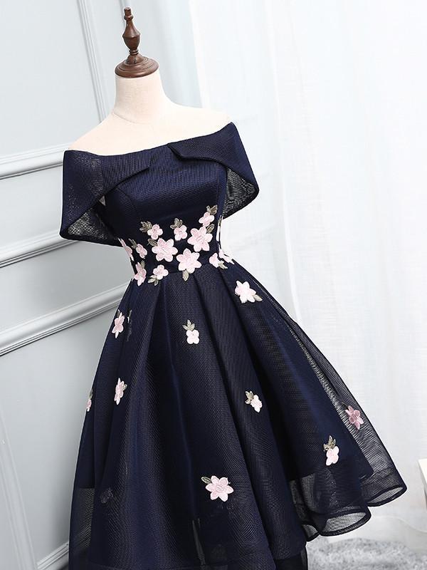 Modest Navy Blue Off-shoulder High-low A-line Cheap Homecoming Dresses, CM509