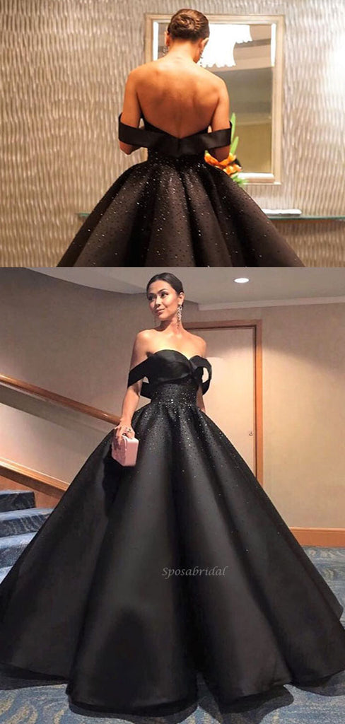 Black Modest Ball Gown, Long Elegant Unique Design Off the Shoulder Formal Prom Dresses, PD1295