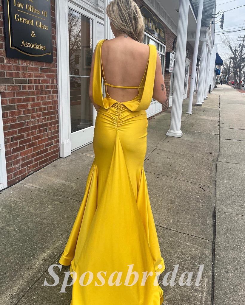 Sexy Soft Satin Spaghetti V-Neck Sleeveless Open Back Side Slit Mermaid Long Prom Dresses, PD3592