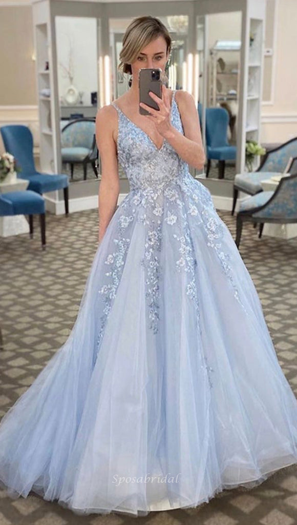 Pale Blue Spaghetti Straps V-neck Lace Top A-line Long Prom Dress, PD3412