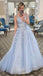 Pale Blue Spaghetti Straps V-neck Lace Top A-line Long Prom Dress, PD3412