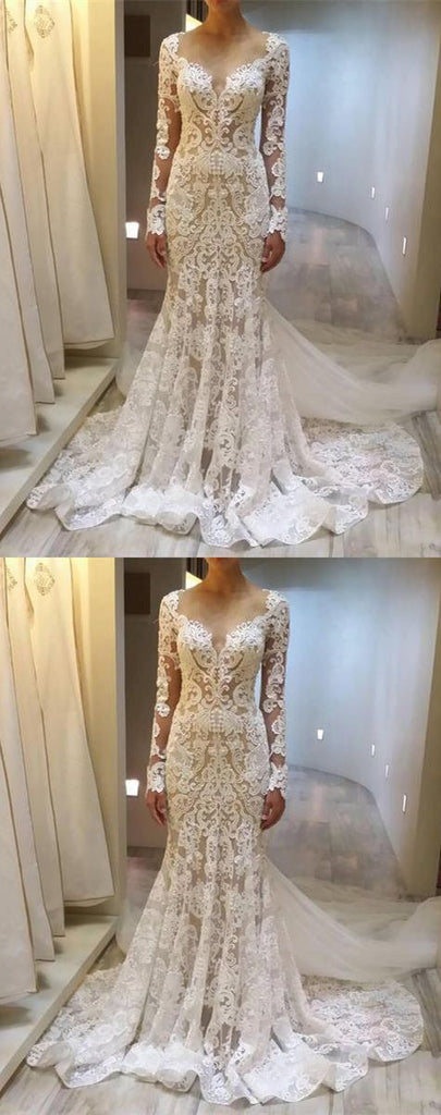 Luxury Long Sleeves Lace Elegant Mermaid Wedding Dresses, Bridal Dress, PD0603