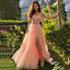 Pearl Pink Spaghetti Straps Floral Top Side-slit A-line Long Prom Dress, PD3377