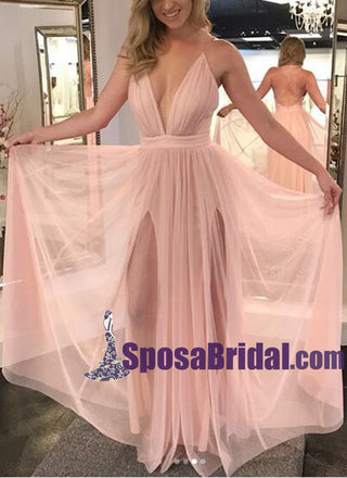 Cheap Simple Unique Design Deep V Neck Spaghetti Straps Pretty Prom Dress , PD0329 - SposaBridal