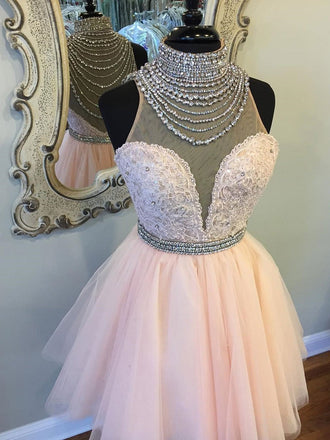 High Neck See Through Rhinestone Cute Pink Homecoming Dresses, CM496