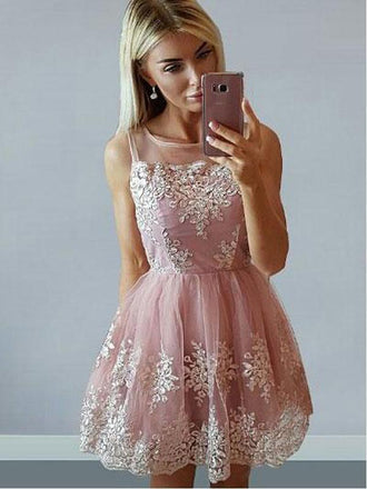 Cheap Cute Pink Scoop Straps Lace Homecoming Dresses 2018, CM473 - SposaBridal