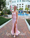Sexy Sequin Spaghetti Straps V-Neck Lace Up Back Sleeveless Side Slit Mermaid Long Prom Dresses,PD3685