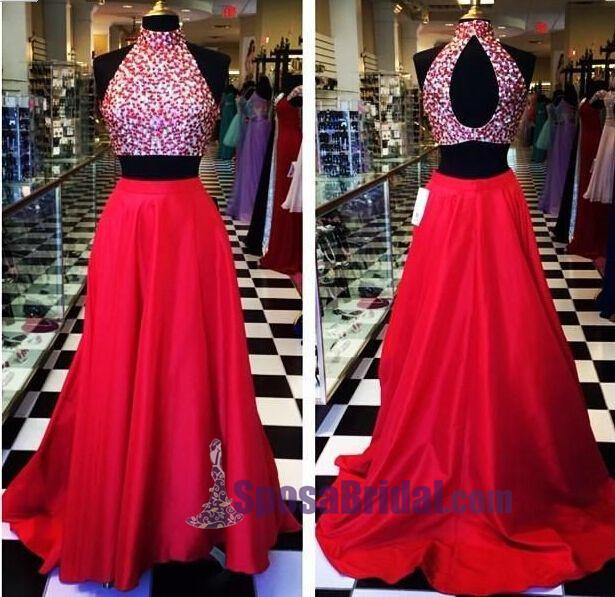 Gorgeous beading High Neck Sparkly Red Blue Green Sparkly Shining Prom Dresses, PD0625