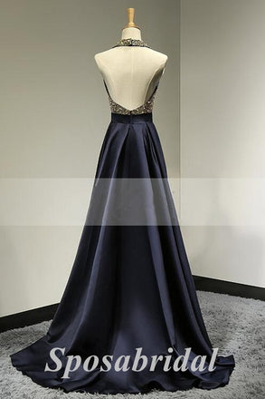 Sexy Sequin And Satin Halter Sleeveless Backless A-Line Long Prom Dresses,PD3676