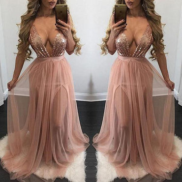 Pink and Burgundy Deep V Neck Sequin Sexy A-line Long Prom Dress, PD0312