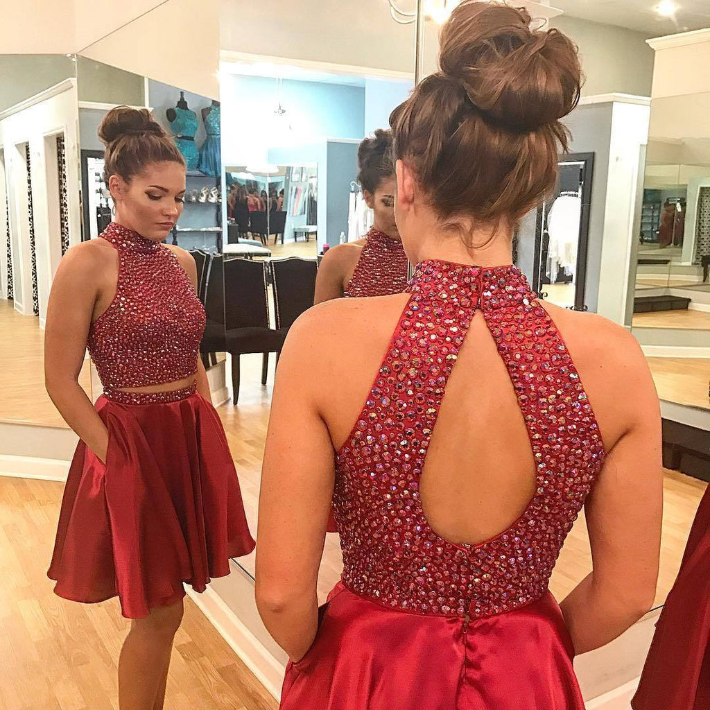 Sexy Two Piece Short Rhinestone Cute Red Homecoming Dresses, CM484