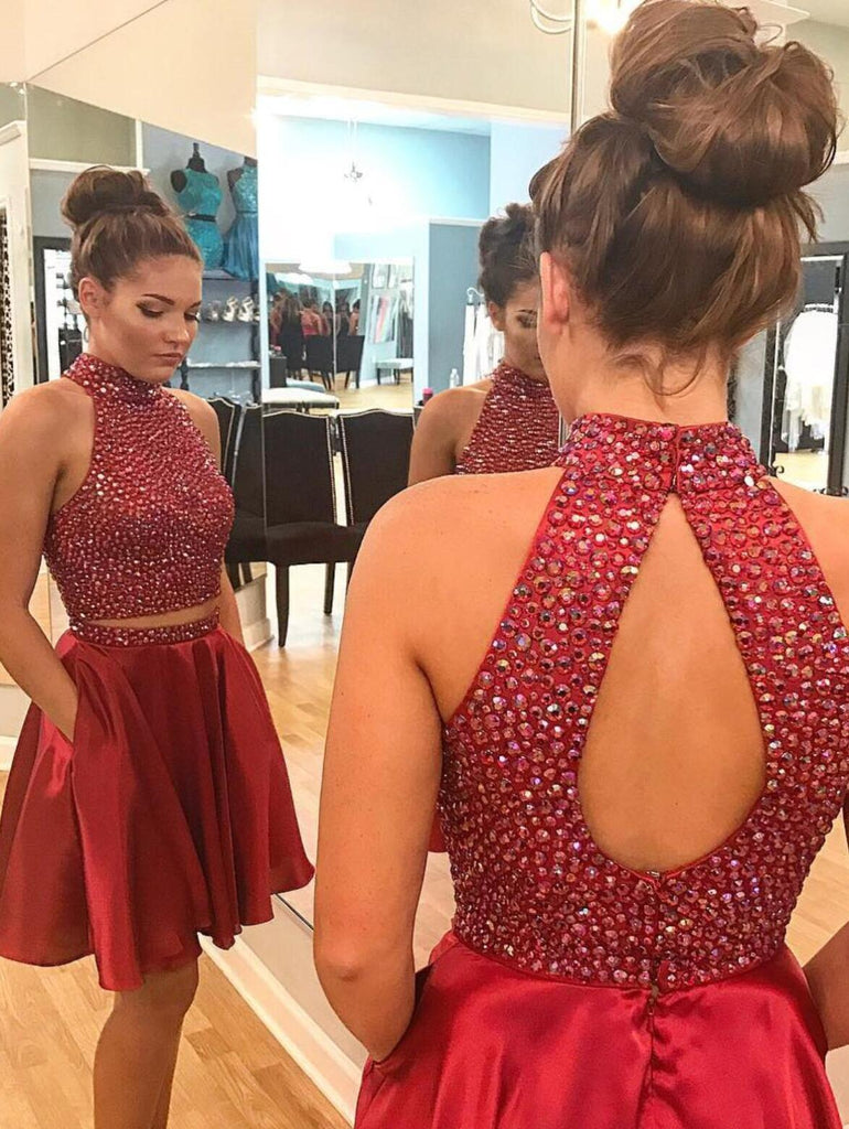 Sexy Two Piece Short Rhinestone Cute Red Homecoming Dresses, CM484