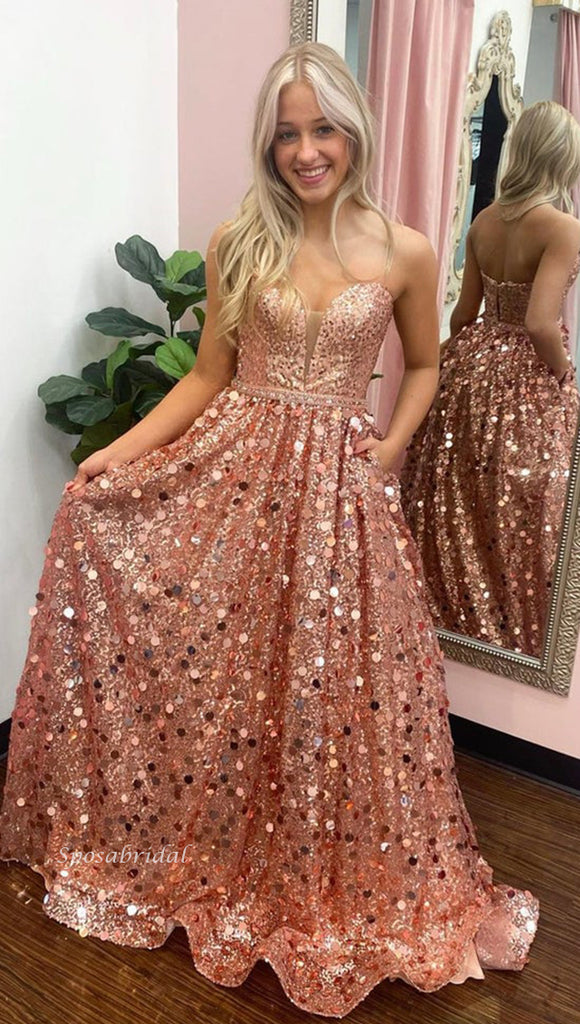 Rose Gold Strapless Sweetheart Sparkly A-line Long Prom Dress, PD3378