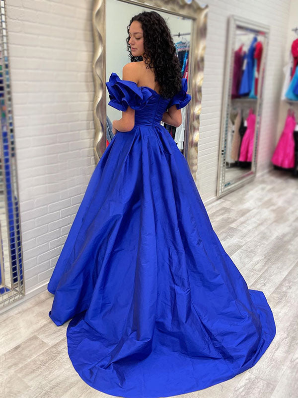 Royal Blue Elegant Off-shoulder Ruffle Sleeves A-line Long Prom Dress, PD3456