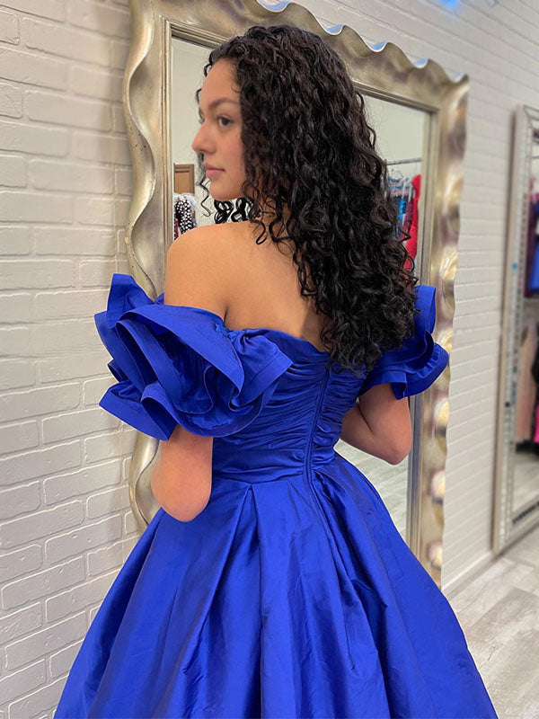 Royal Blue Elegant Off-shoulder Ruffle Sleeves A-line Long Prom Dress, PD3456