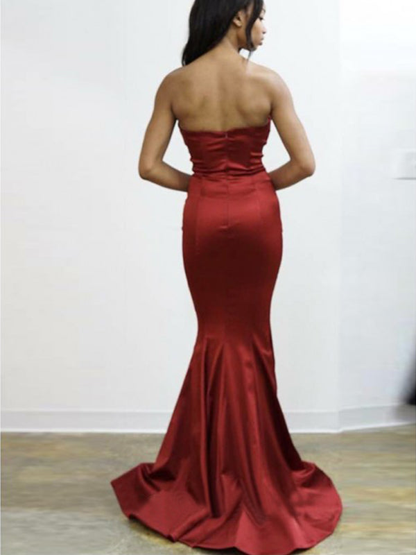 Rust Red V-neck Pleats Mermaid Side-slit Long Prom Dress, PD3271