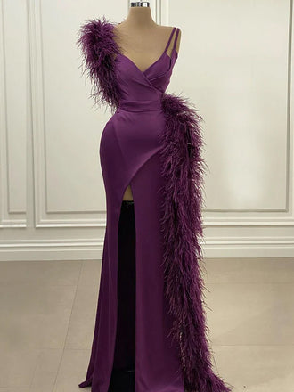 Purple Feather Sexy Straps Side-slit Mermaid Long Prom Dress, PD3489
