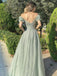 Sage Sweetheart Off-shoulder A-line Tulle Long Prom Dress, PD3389
