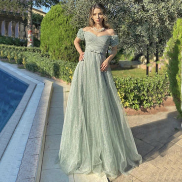 Sage Sweetheart Off-shoulder A-line Tulle Long Prom Dress, PD3389