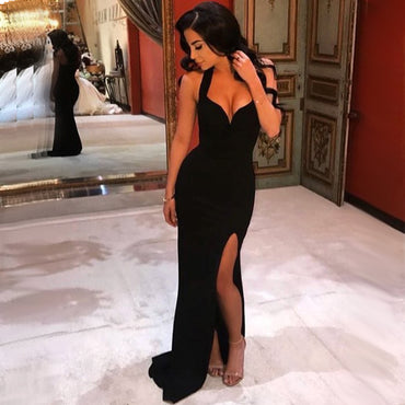 Sexy Black Halter V-neck Mermaid Side-slit Cheap Long Prom Dresses, PD0535