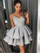 Gray Spaghetti Strap V-neck A-line Lace Short Homecoming Dresses, BD0424