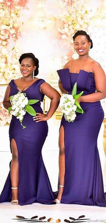 Sexy Deep Purple Mismatched Side-slit Mermaid Floor-length Bridesmaid Dress, BD3152