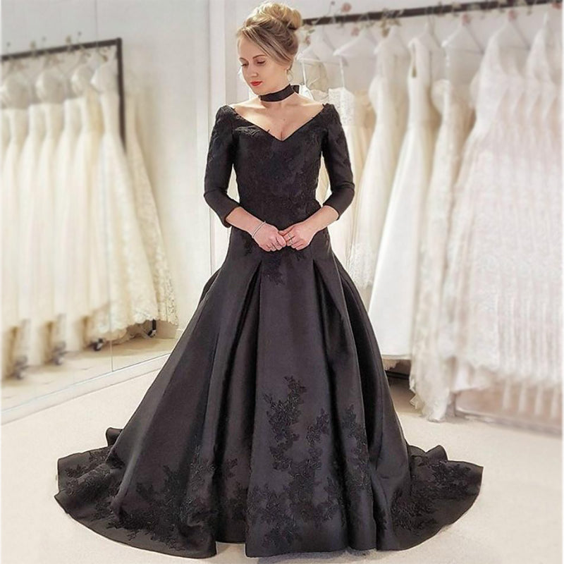 Sexy Black Gothic V-neck Open Back Low-waist A-line Lace Long Prom Dress, PD3289