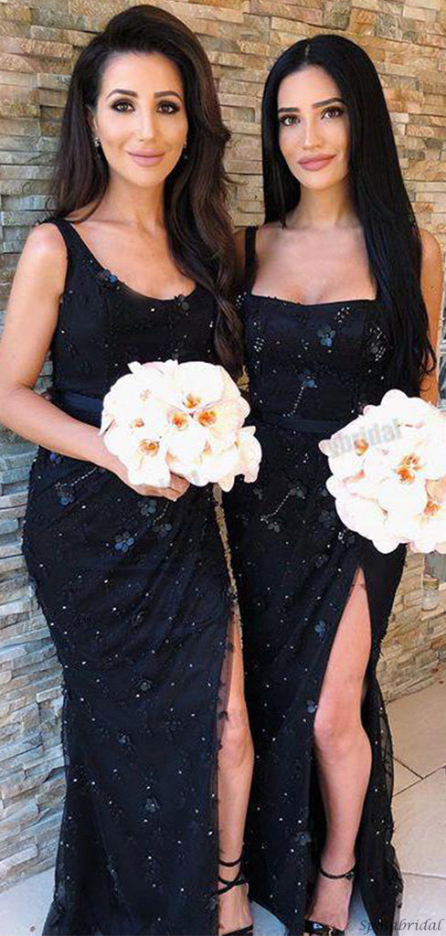 Sexy Black Mismatched Beads Lace Side-slit Mermaid Floor-length Bridesmaid Dresses, BD3175