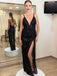 Sexy Black Shiny V-neck Spaghetti Strap Open Back Side-slit Long Prom Dress, PD3216