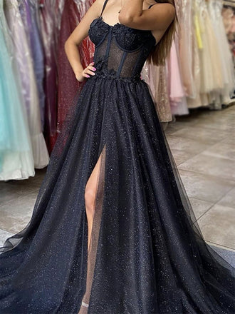Sexy Black Spaghetti Straps Lace Top A-line Side-slit Sparkly Long Prom Dress, PD3297