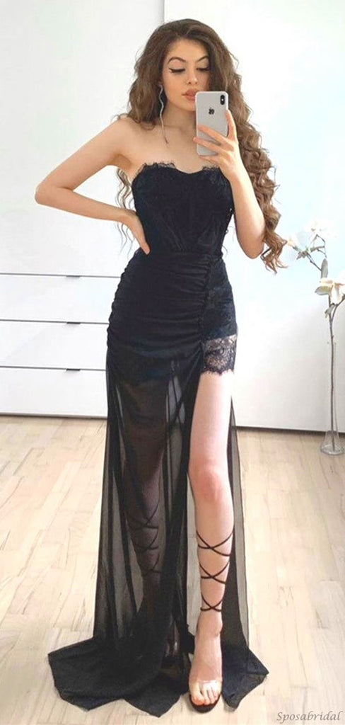 Sexy Black Sweetheart Strapless Lace Pleats Side-slit Long Prom Dress, PD3180