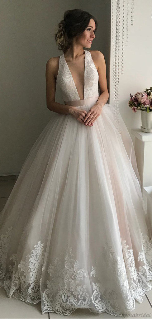 Sexy Blush Pink Deep V-neck A-line Long Lace Wedding Dress, Wedding Gown, WD3053