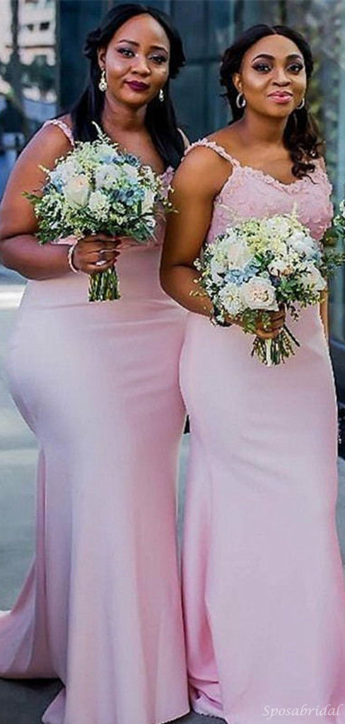 Sexy Blush Pink Lace Spaghetti Strap Mermaid Long Bridesmaid Dress, BD3098